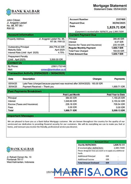 Downloadable Indonesia Bank Kalbar mortgage statement Word and PDF template